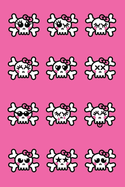 Cute Emo Skulls Graphic Art | Pink & Black Illustration | Modern Pop Art Poster - Graphic & Art Poster