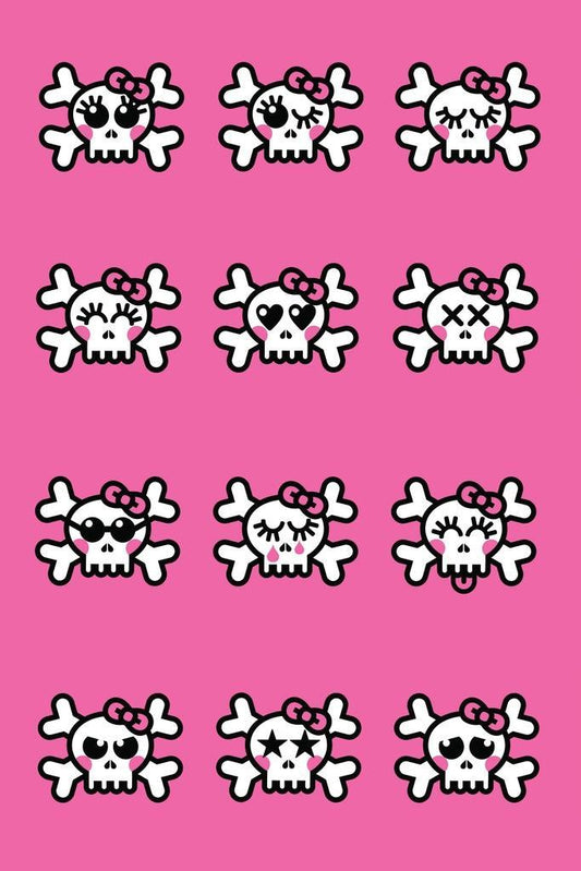 Cute Emo Skulls Graphic Art | Pink & Black Illustration | Modern Pop Art Poster - Graphic & Art Poster