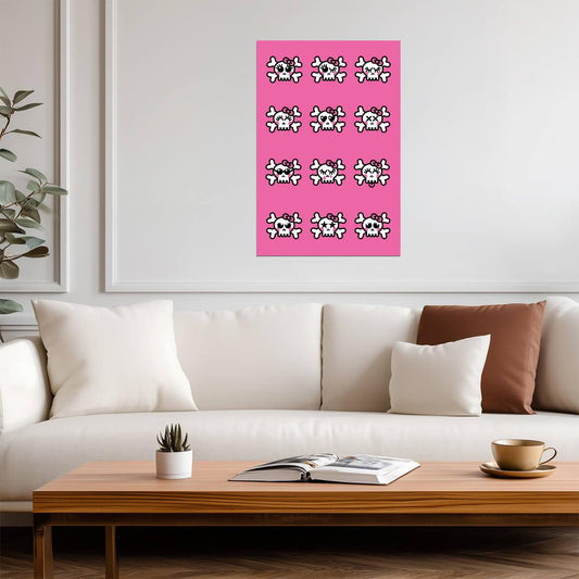 Cute Emo Skulls Graphic Art | Pink & Black Illustration | Modern Pop Art Poster - Graphic & Art Poster