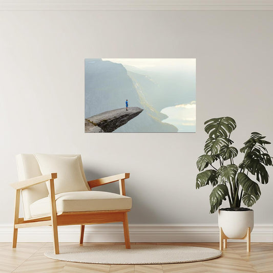 Hiker on Trolltunga Cliff Poster | Norway Adventure Photography | Scenic Landscape Wall Art