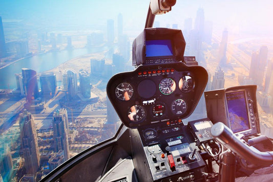 View from a Helicopter Cockpit Over Dubai | Aerial Cityscape Photography | Pilot's View Poster - Photography Poster