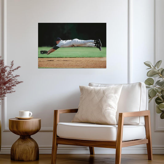 Baseball Player Mid-Air Catch | Dynamic Sports Photography | Defensive Play Poster - Sports Poster