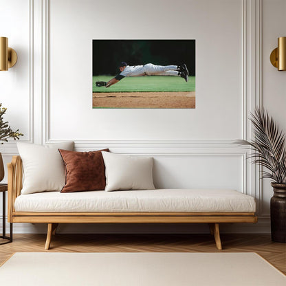 Baseball Player Mid-Air Catch | Dynamic Sports Photography | Defensive Play Poster - Sports Poster