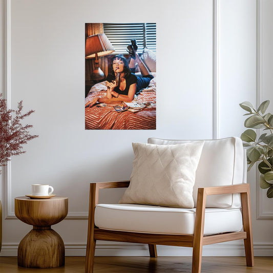 Pulp Fiction | Uma Thurman as Mia Wallace Smoking | Classic Movie Scene Poster - Movies & TV Poster