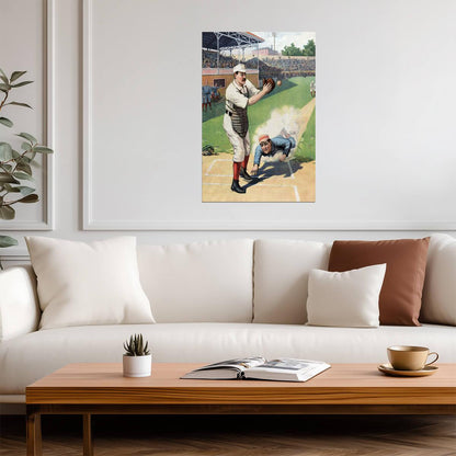 Sliding Into Home Plate | Vintage Baseball Illustration | 19th Century Sports Art Poster - Vintage & Retro Poster