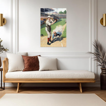 Sliding Into Home Plate | Vintage Baseball Illustration | 19th Century Sports Art Poster - Vintage & Retro Poster