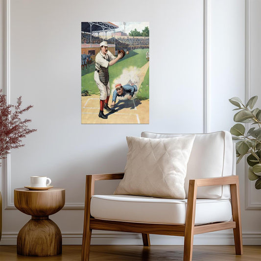 Sliding Into Home Plate | Vintage Baseball Illustration | 19th Century Sports Art Poster - Vintage & Retro Poster