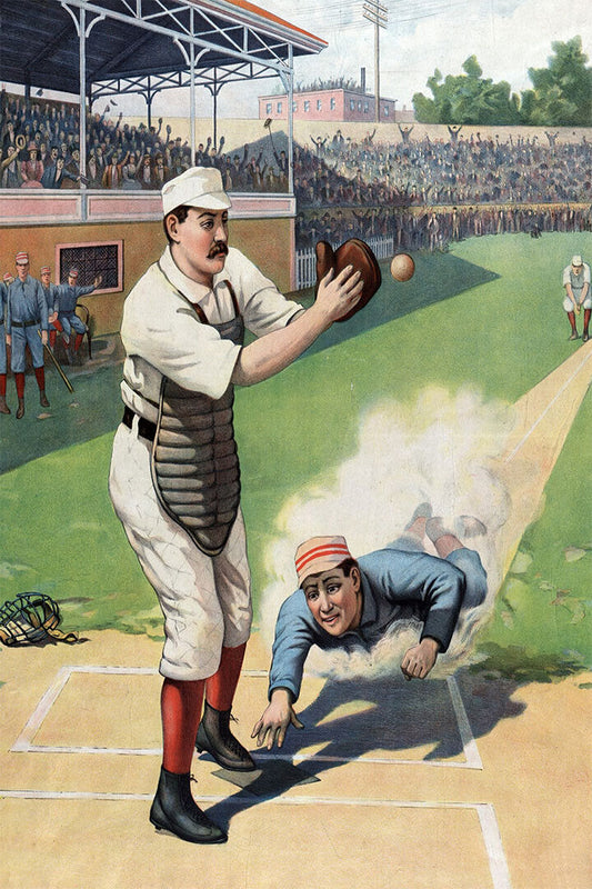 Sliding Into Home Plate | Vintage Baseball Illustration | 19th Century Sports Art Poster - Vintage & Retro Poster