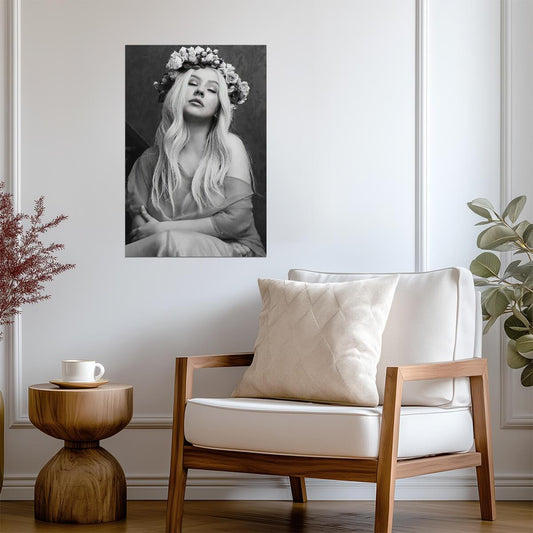 Christina Aguilera Liberation Era | Floral Crown Portrait | Black and White Music Poster