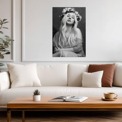 Christina Aguilera Liberation Era | Floral Crown Portrait | Black and White Music Poster