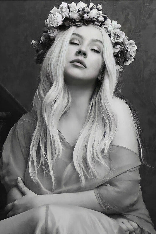 Christina Aguilera Liberation Era | Floral Crown Portrait | Black and White Music Poster