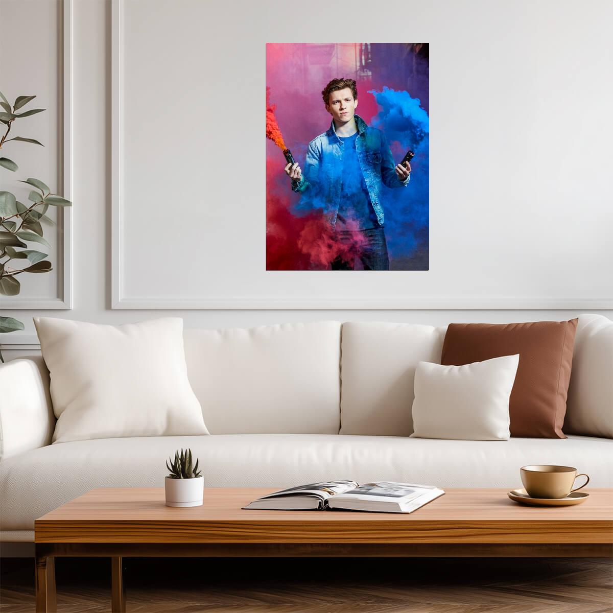 Tom Holland with Color Smoke | Celebrity Portrait Poster | Modern Actor Wall Art - Celebrities Poster