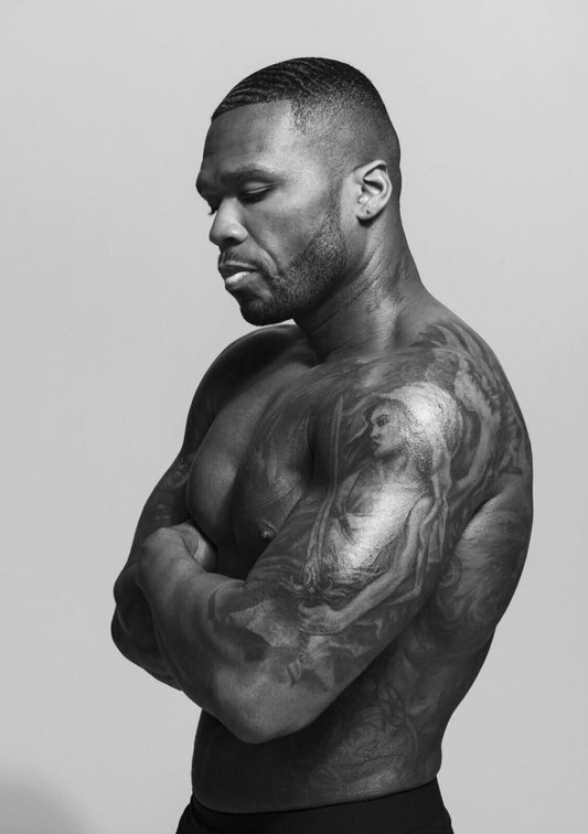 50 Cent Shirtless Tattoo Portrait | Black and White Poster | Hip Hop Legend Art - Music Poster
