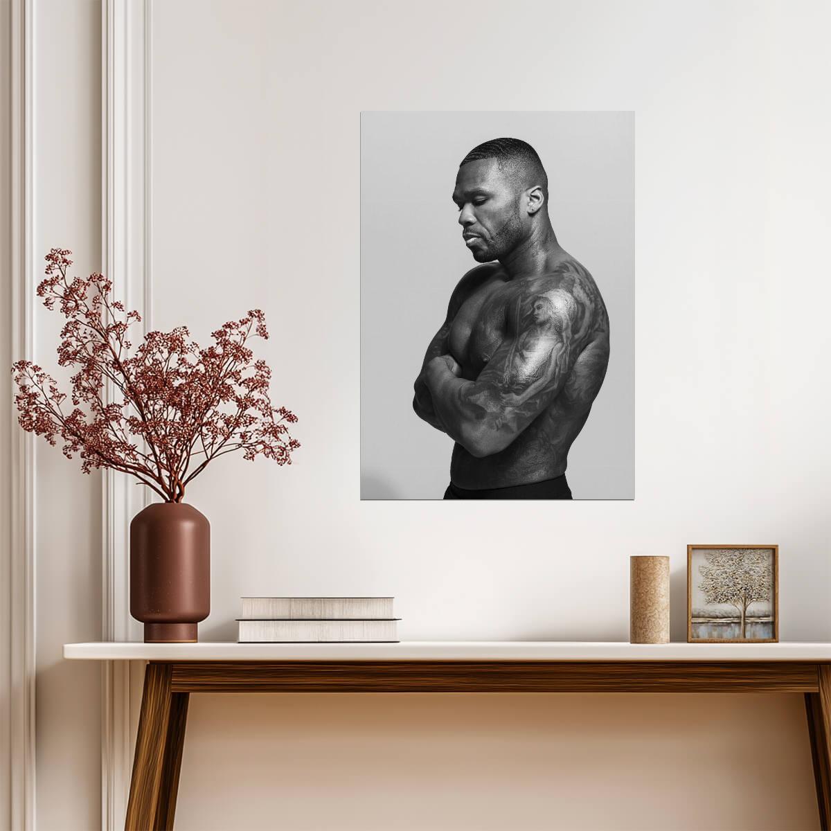 50 Cent Shirtless Tattoo Portrait | Black and White Poster | Hip Hop Legend Art - Music Poster