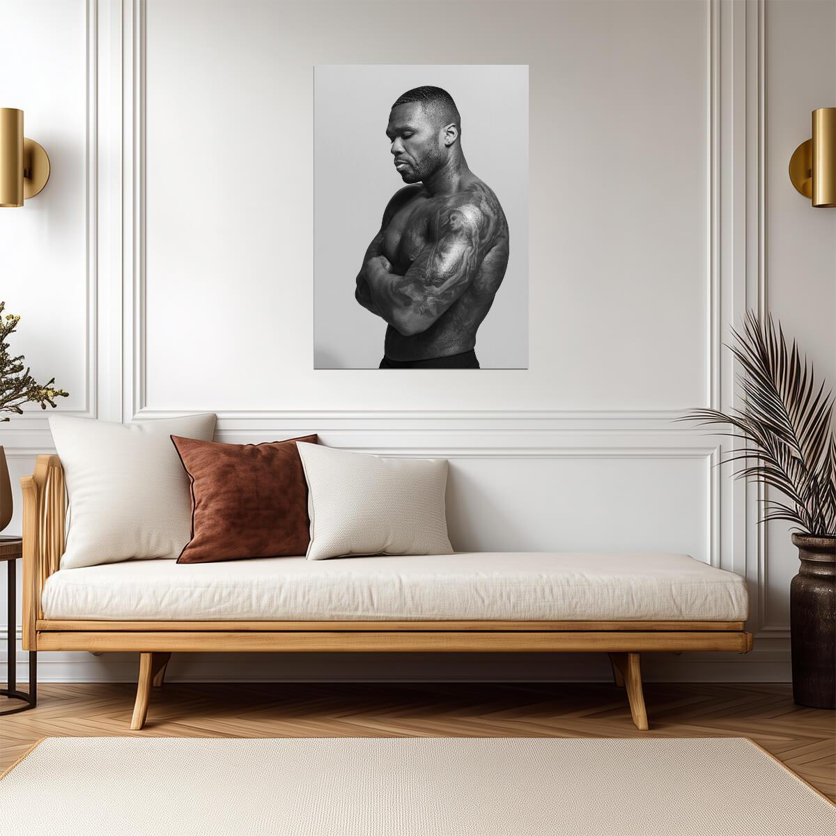 50 Cent Shirtless Tattoo Portrait | Black and White Poster | Hip Hop Legend Art - Music Poster