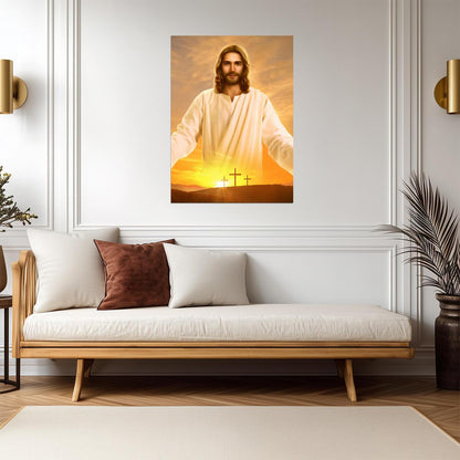 Jesus Christ Resurrection | Three Crosses Poster | Religious Christian Wall Art - Graphic & Art Poster