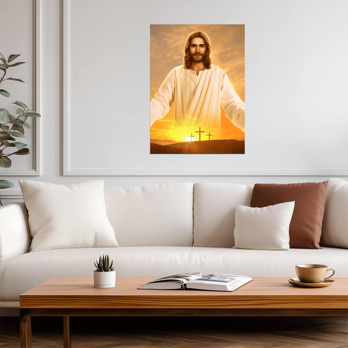Jesus Christ Resurrection | Three Crosses Poster | Religious Christian Wall Art - Graphic & Art Poster