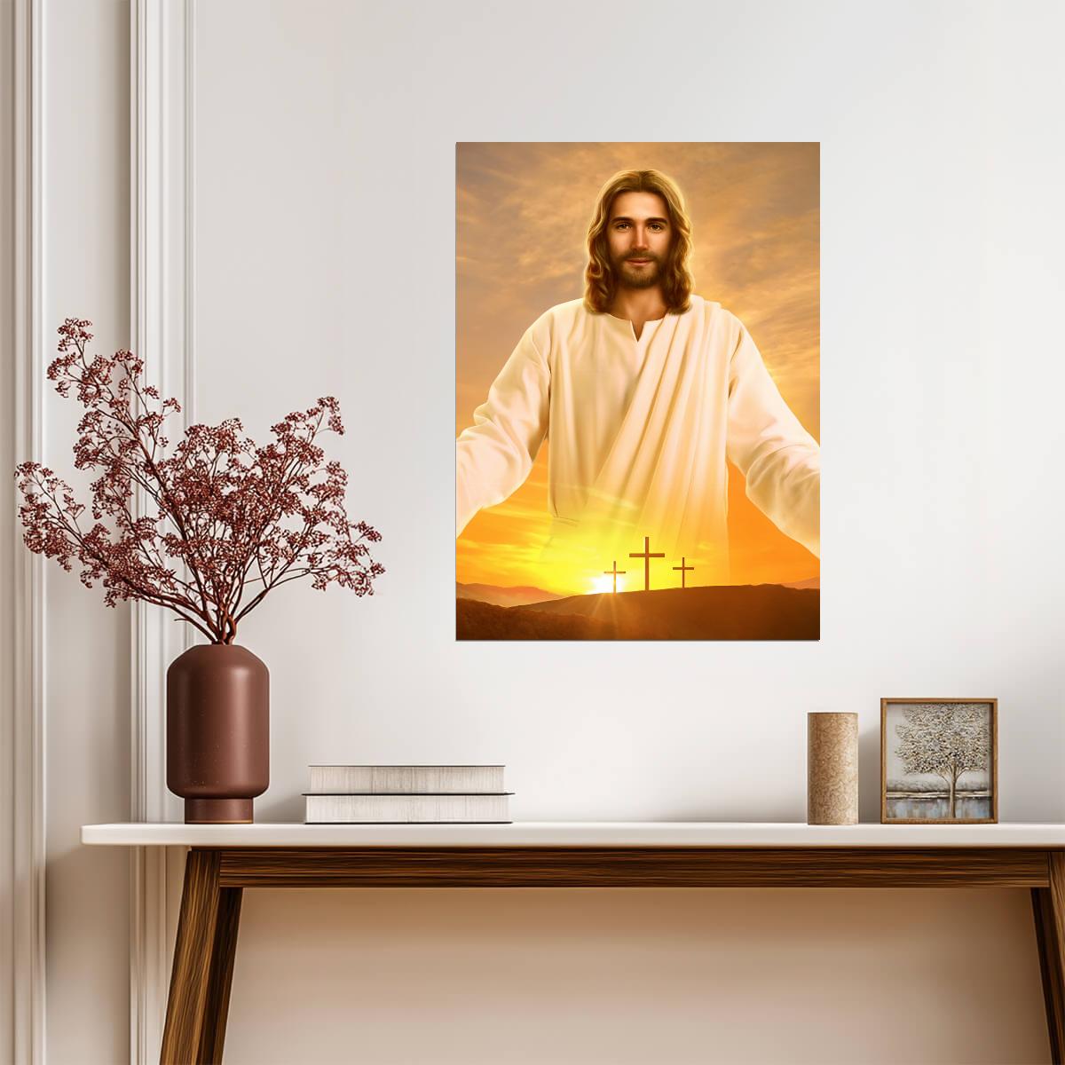 Jesus Christ Resurrection | Three Crosses Poster | Religious Christian Wall Art - Graphic & Art Poster