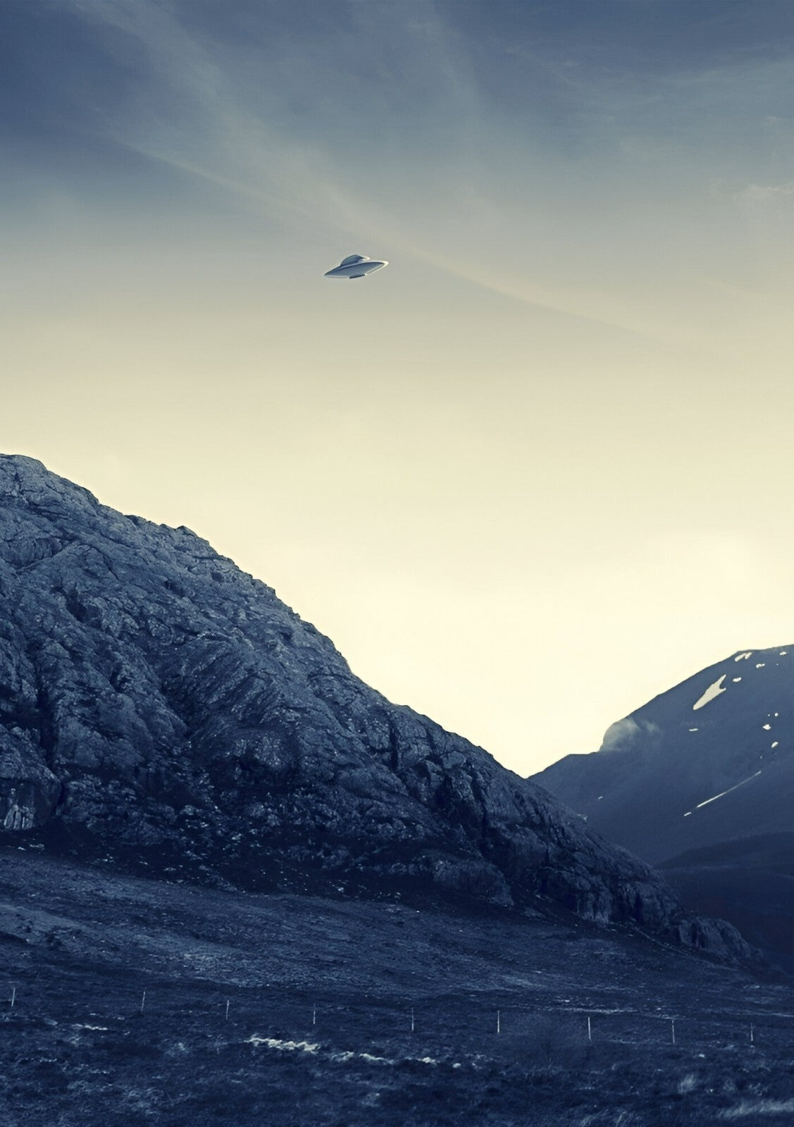 UFO Over Snowy Mountains | Sci-Fi Art Print | Alien Landscape Poster - Graphic & Art Poster