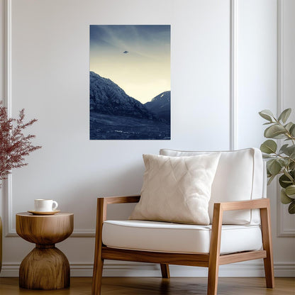 UFO Over Snowy Mountains | Sci-Fi Art Print | Alien Landscape Poster - Graphic & Art Poster