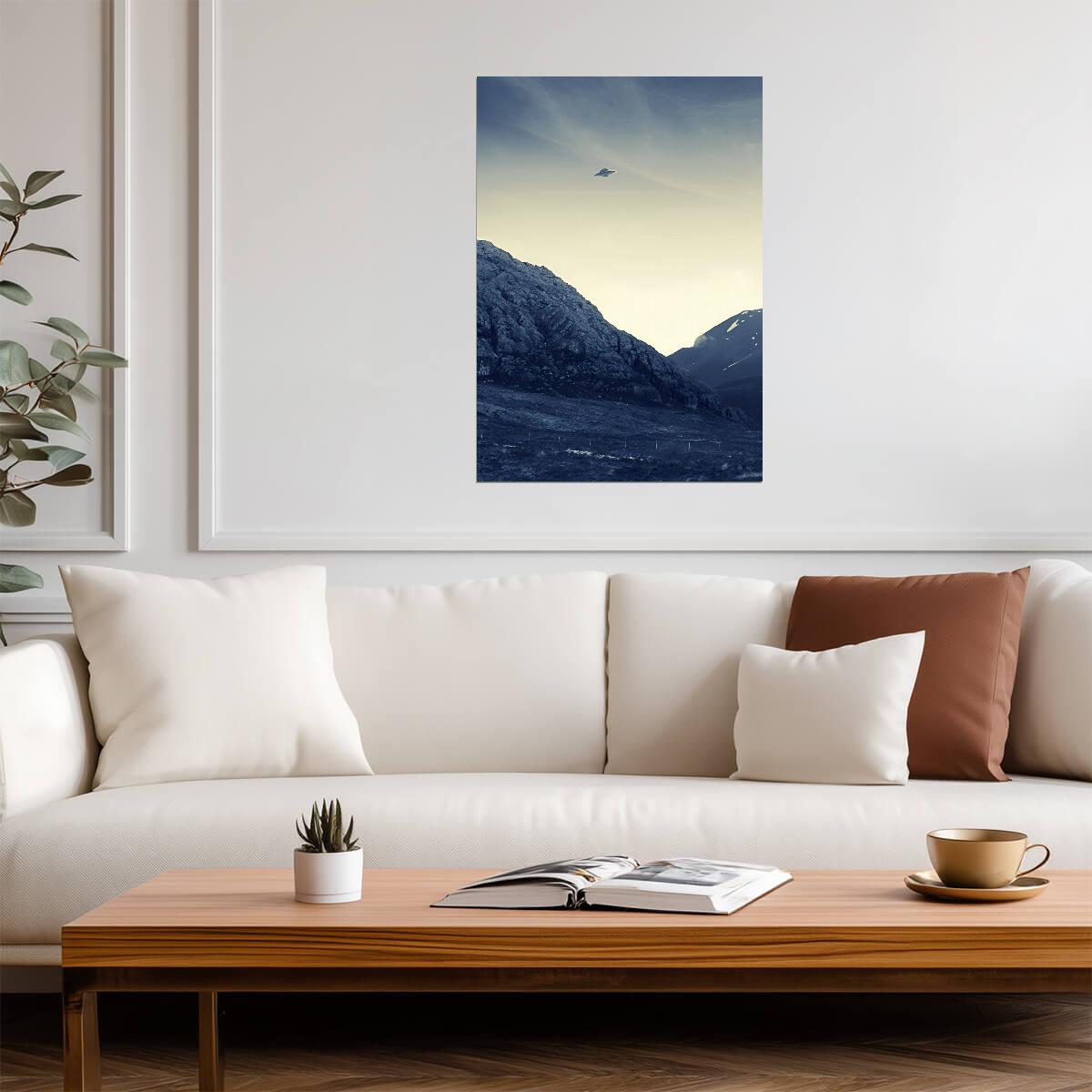 UFO Over Snowy Mountains | Sci-Fi Art Print | Alien Landscape Poster - Graphic & Art Poster