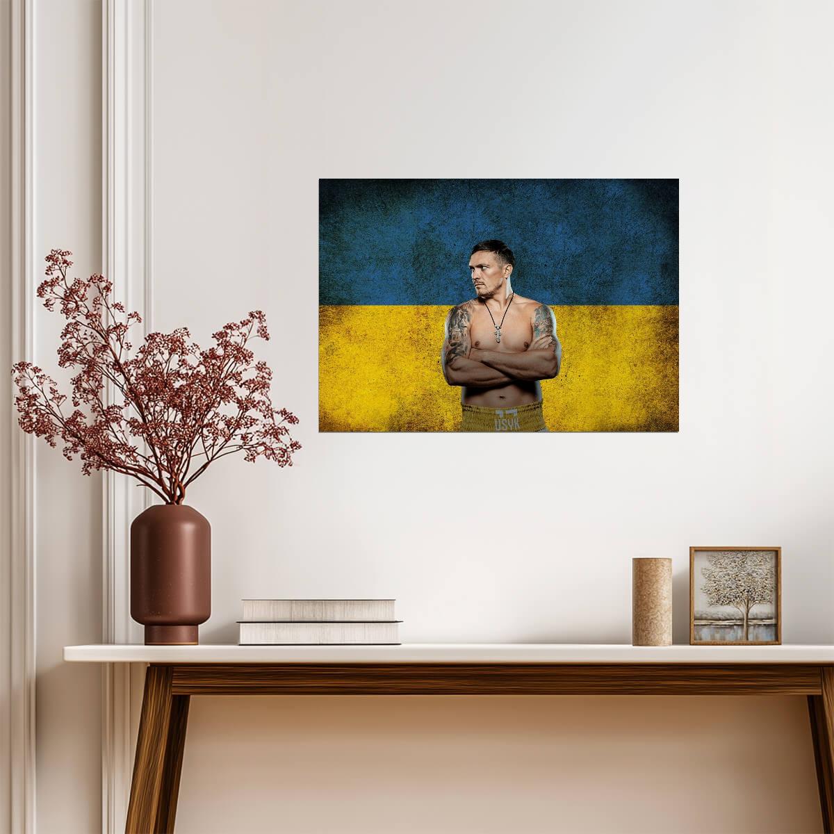 Oleksandr Usyk with Ukraine Flag | Boxing Poster | World Champion Wall Art - Sports Poster