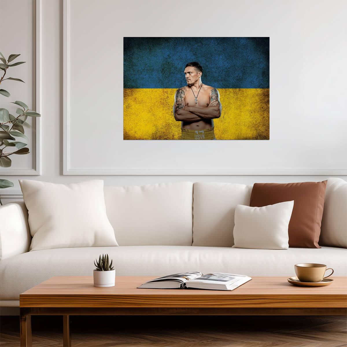 Oleksandr Usyk with Ukraine Flag | Boxing Poster | World Champion Wall Art - Sports Poster