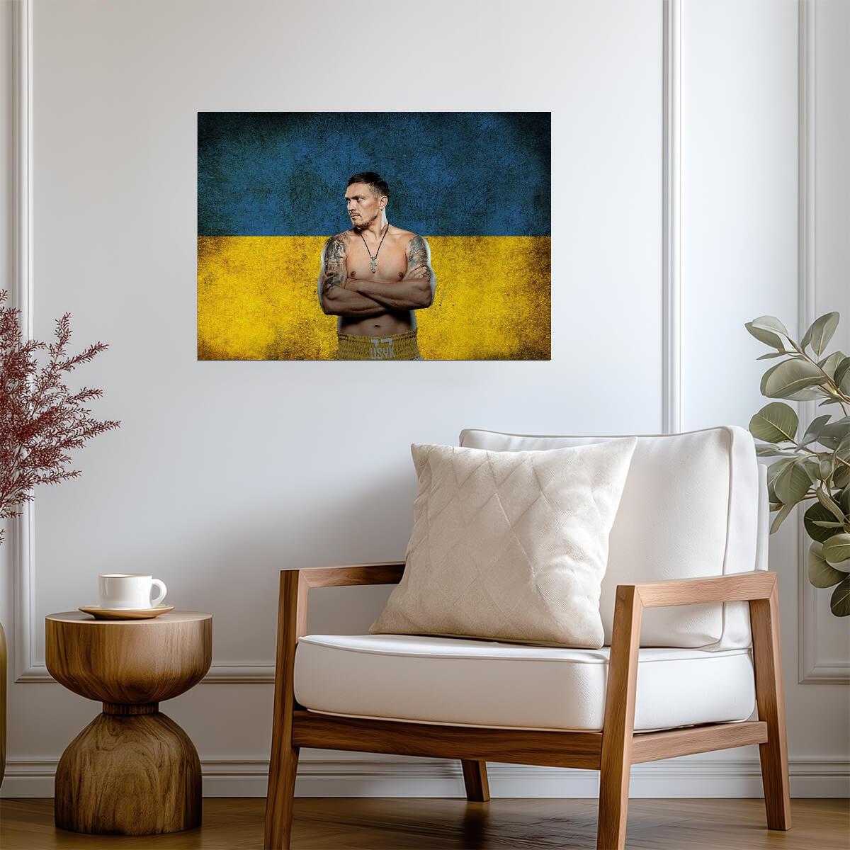 Oleksandr Usyk with Ukraine Flag | Boxing Poster | World Champion Wall Art - Sports Poster