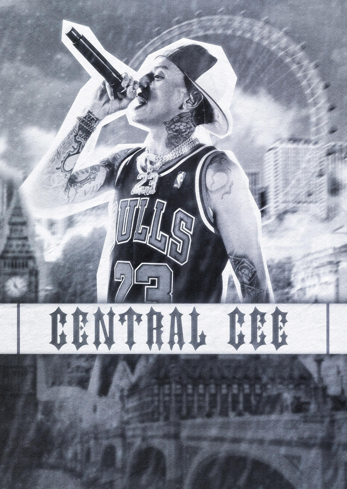 Central Cee Bulls 23 Jersey | Black and White Poster | UK Rap Music Art - Music Poster