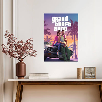 Grand Theft Auto VI Lucia & Jason Key Art | Vice City Neon Poster | Action-Adventure Game Decor - Video Games Poster