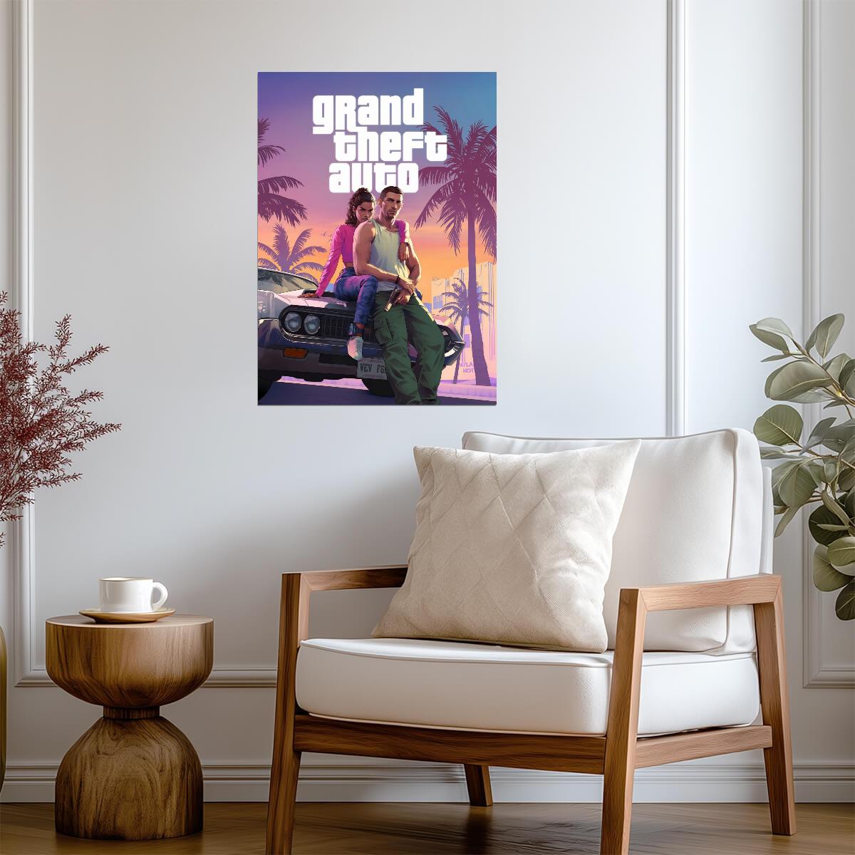 Grand Theft Auto VI Lucia & Jason Key Art | Vice City Neon Poster | Action-Adventure Game Decor - Video Games Poster