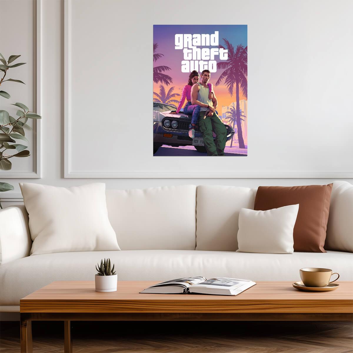 Grand Theft Auto VI Lucia & Jason Key Art | Vice City Neon Poster | Action-Adventure Game Decor - Video Games Poster