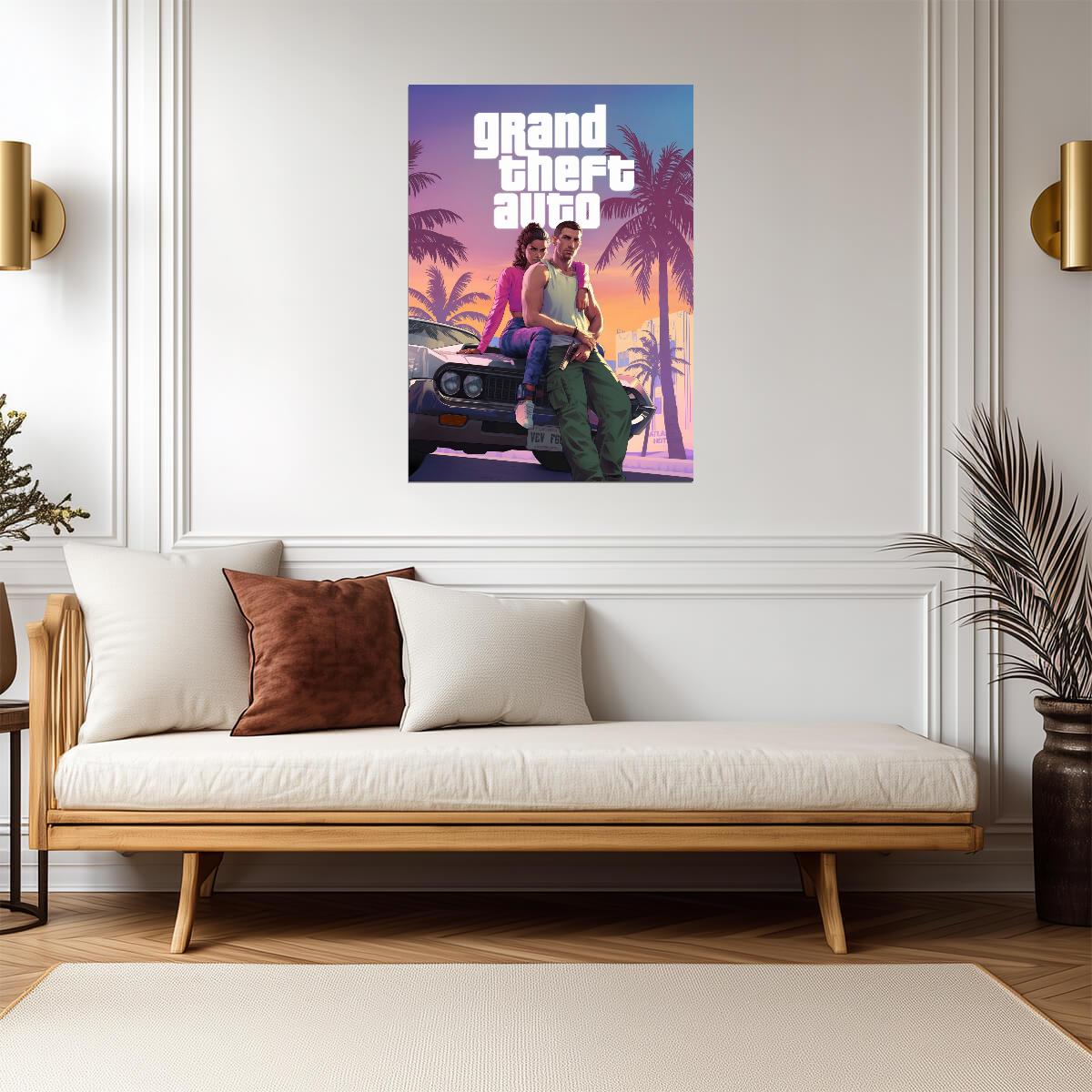 Grand Theft Auto VI Lucia & Jason Key Art | Vice City Neon Poster | Action-Adventure Game Decor - Video Games Poster