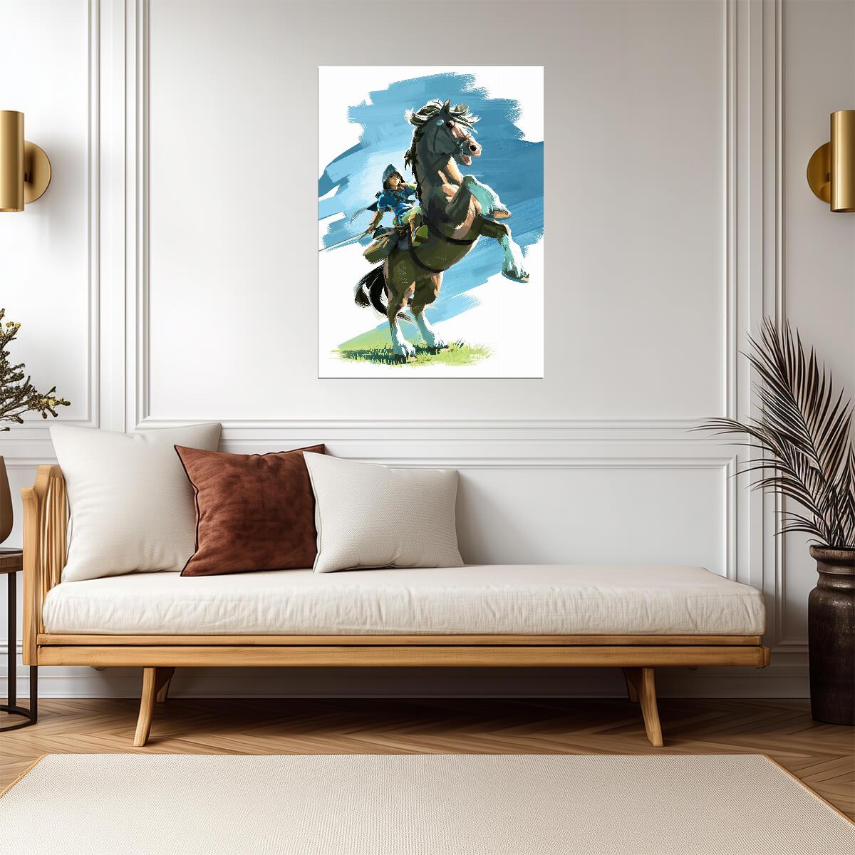 The Legend of Zelda Breath of the Wild Link on Rearing Horse | Action Art Poster | Nintendo Game BOTW Decor - Video Games Poster