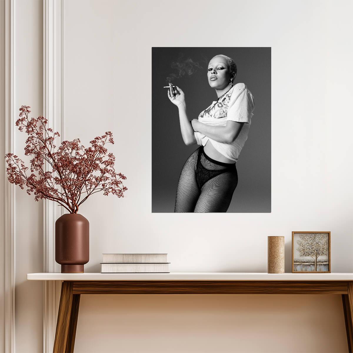 Doja Cat Smoking in Fishnets | Black and White Portrait Poster | Sexy Music Star Art - Music Poster