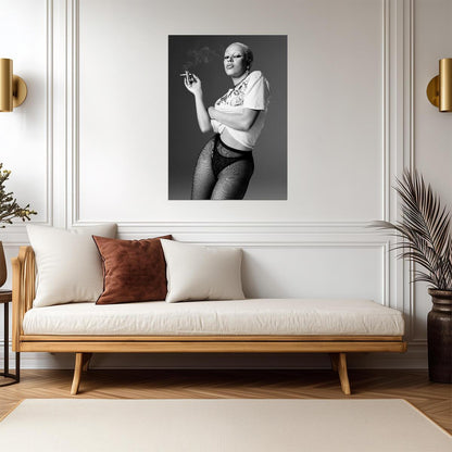 Doja Cat Smoking in Fishnets | Black and White Portrait Poster | Sexy Music Star Art - Music Poster