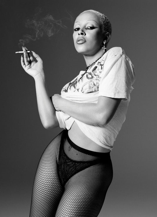 Doja Cat Smoking in Fishnets | Black and White Portrait Poster | Sexy Music Star Art - Music Poster