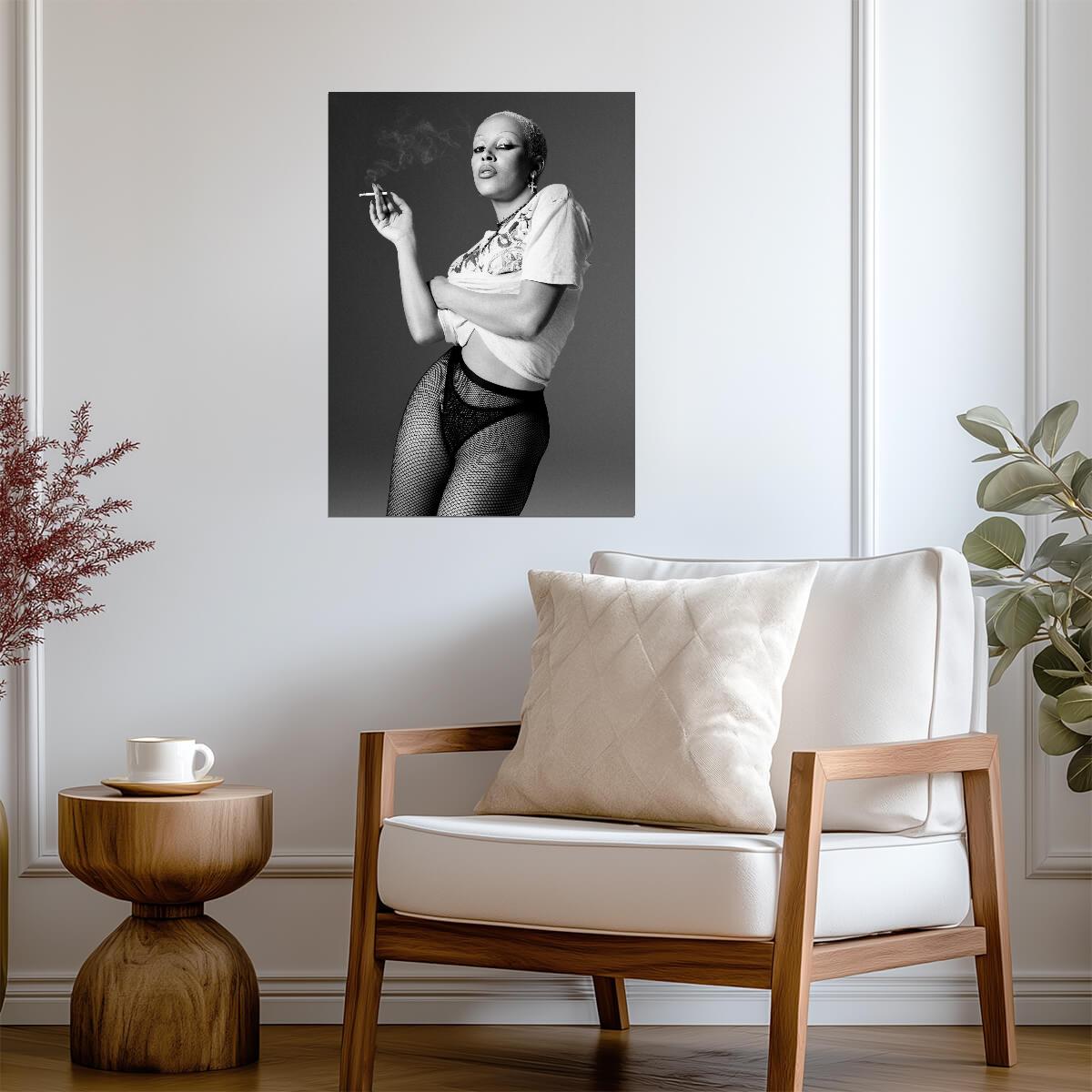 Doja Cat Smoking in Fishnets | Black and White Portrait Poster | Sexy Music Star Art - Music Poster
