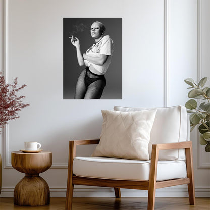 Doja Cat Smoking in Fishnets | Black and White Portrait Poster | Sexy Music Star Art - Music Poster