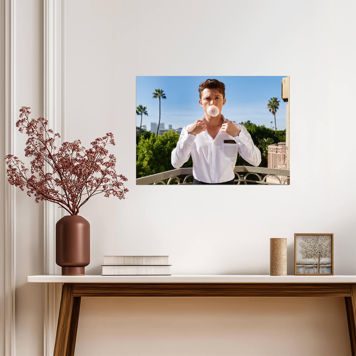 Tom Holland Blowing Bubble Gum | Celebrity Poster | Modern Actor Wall Art - Celebrities Poster