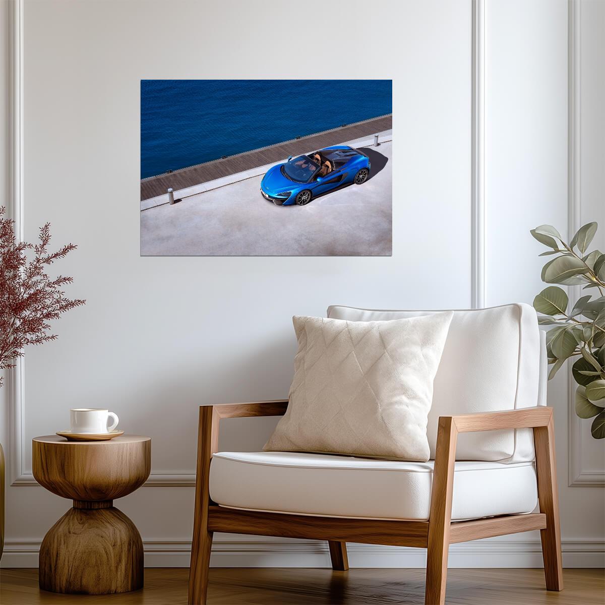 McLaren 570S Spider | Antares Blue Supercar Poster | British Convertible by the Water - Cars Poster