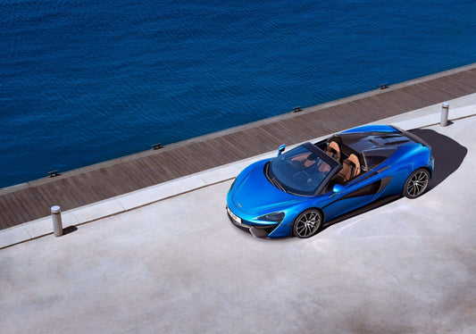 McLaren 570S Spider | Antares Blue Supercar Poster | British Convertible by the Water - Cars Poster
