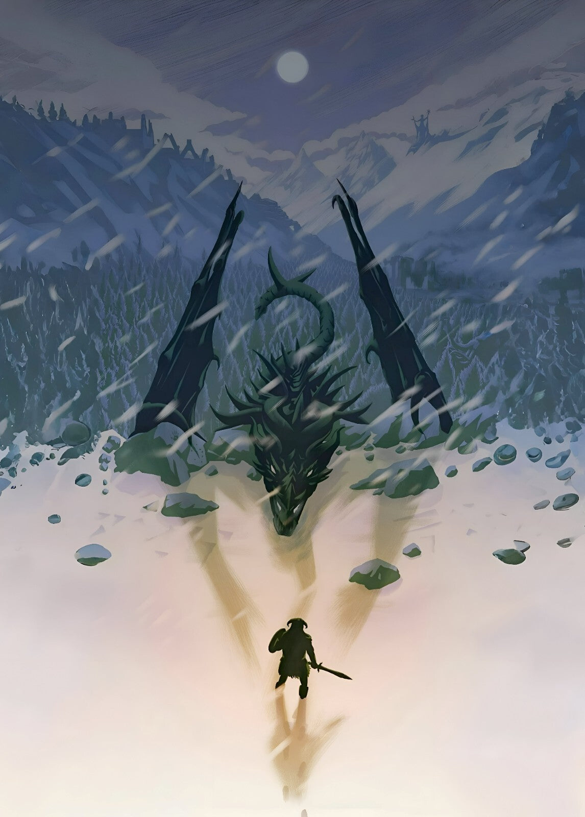 Skyrim Dragonborn vs Dragon | Minimalist Game Art Poster | Fantasy RPG Wall Decor - Video Games Poster