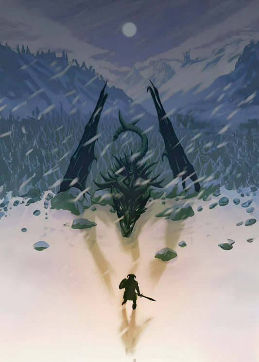 Skyrim Dragonborn vs Dragon | Minimalist Game Art Poster | Fantasy RPG Wall Decor - Video Games Poster