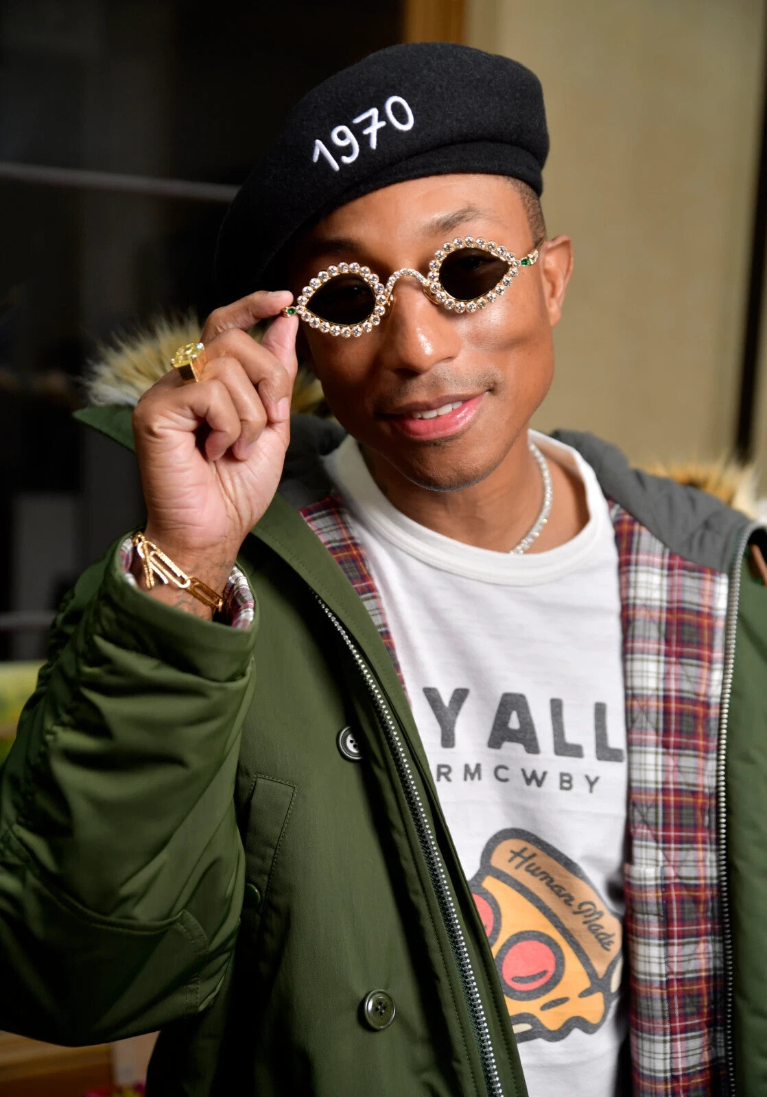 Pharrell Williams in Green Jacket | 1970 Cap Poster | Hip Hop Fashion Art - Music Poster