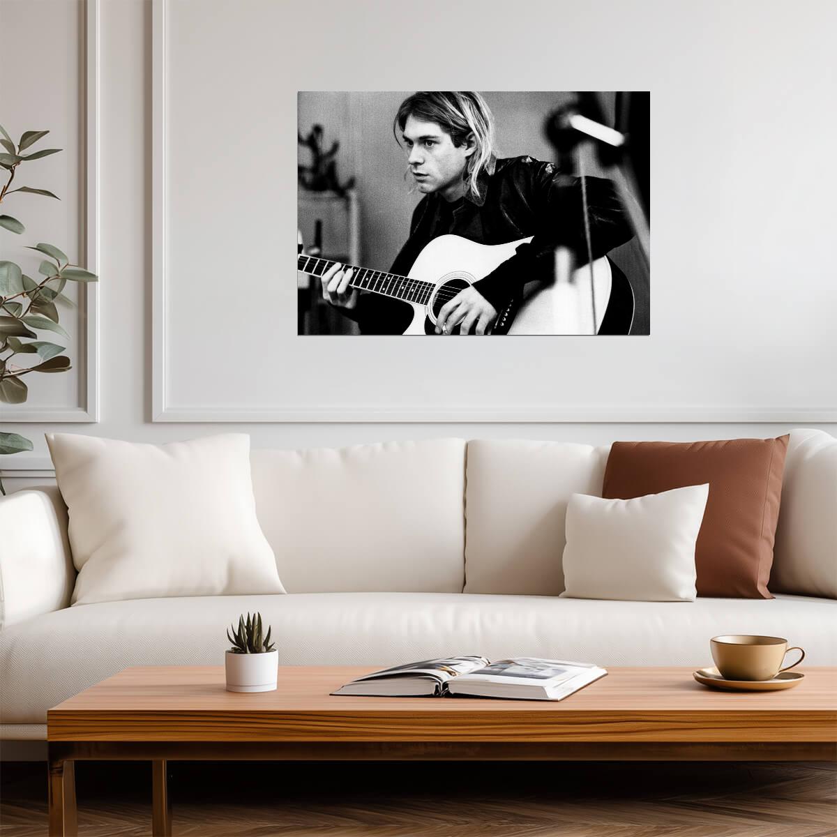 Kurt Cobain Playing Acoustic Guitar | Black and White Poster | Vintage Rock Legend Art - Music Poster
