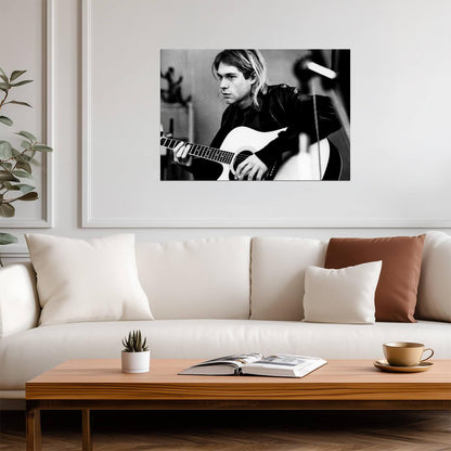 Kurt Cobain Playing Acoustic Guitar | Black and White Poster | Vintage Rock Legend Art - Music Poster