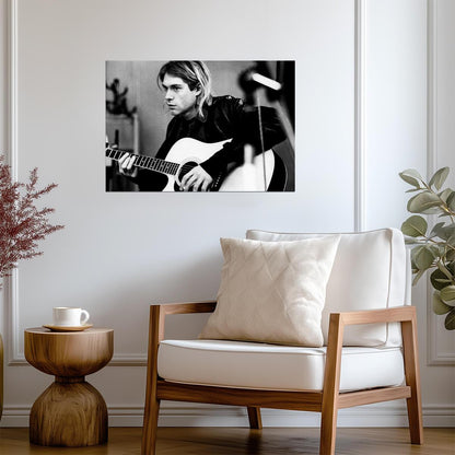 Kurt Cobain Playing Acoustic Guitar | Black and White Poster | Vintage Rock Legend Art - Music Poster