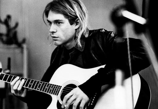 Kurt Cobain Playing Acoustic Guitar | Black and White Poster | Vintage Rock Legend Art - Music Poster