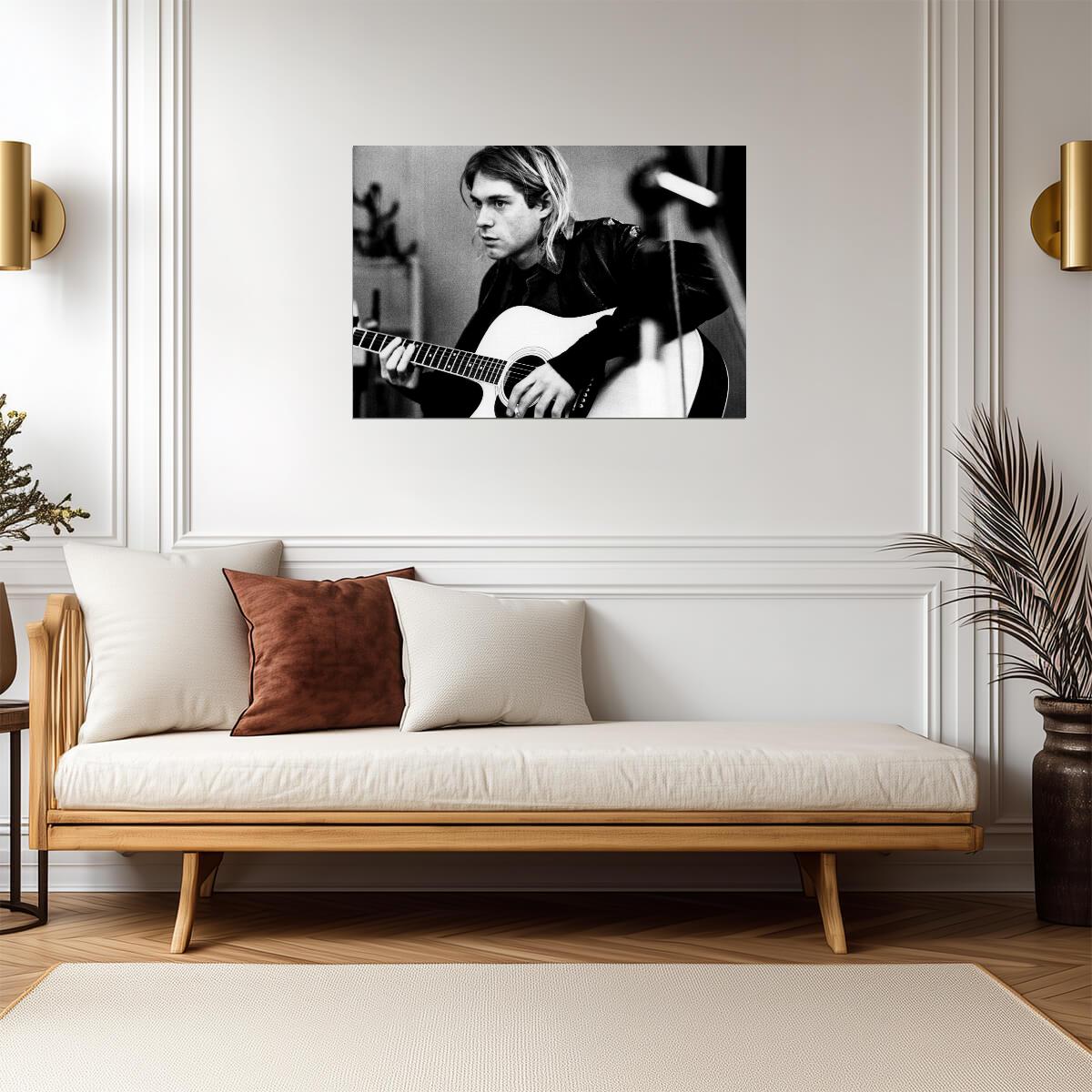 Kurt Cobain Playing Acoustic Guitar | Black and White Poster | Vintage Rock Legend Art - Music Poster